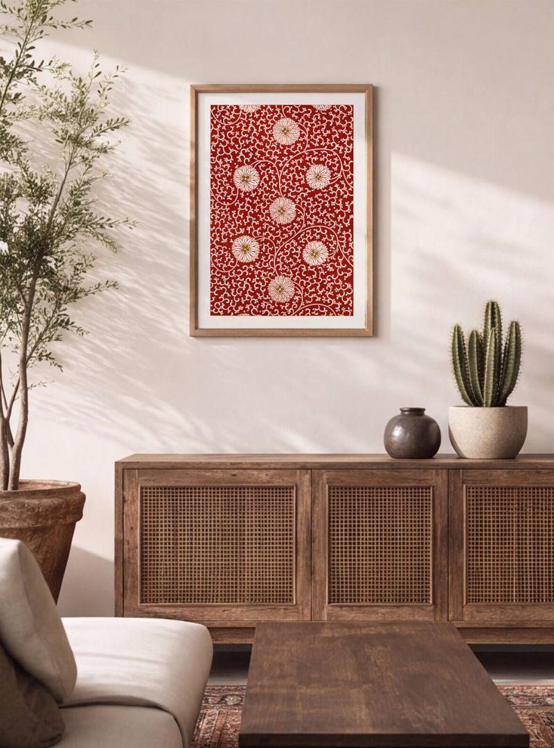 Kırmızı Floral Desenli Dekoratif Duvar Tablosu