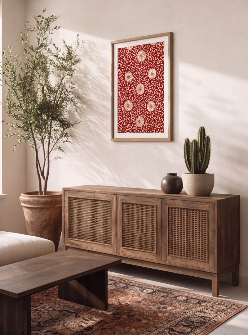 Kırmızı Floral Desenli Dekoratif Duvar Tablosu