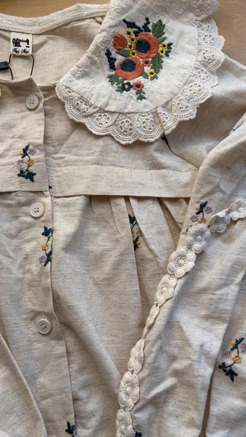 BEL-003-vintage-keten elbise (5) Çiçek İşlemeli Doğal Keten Gömlek